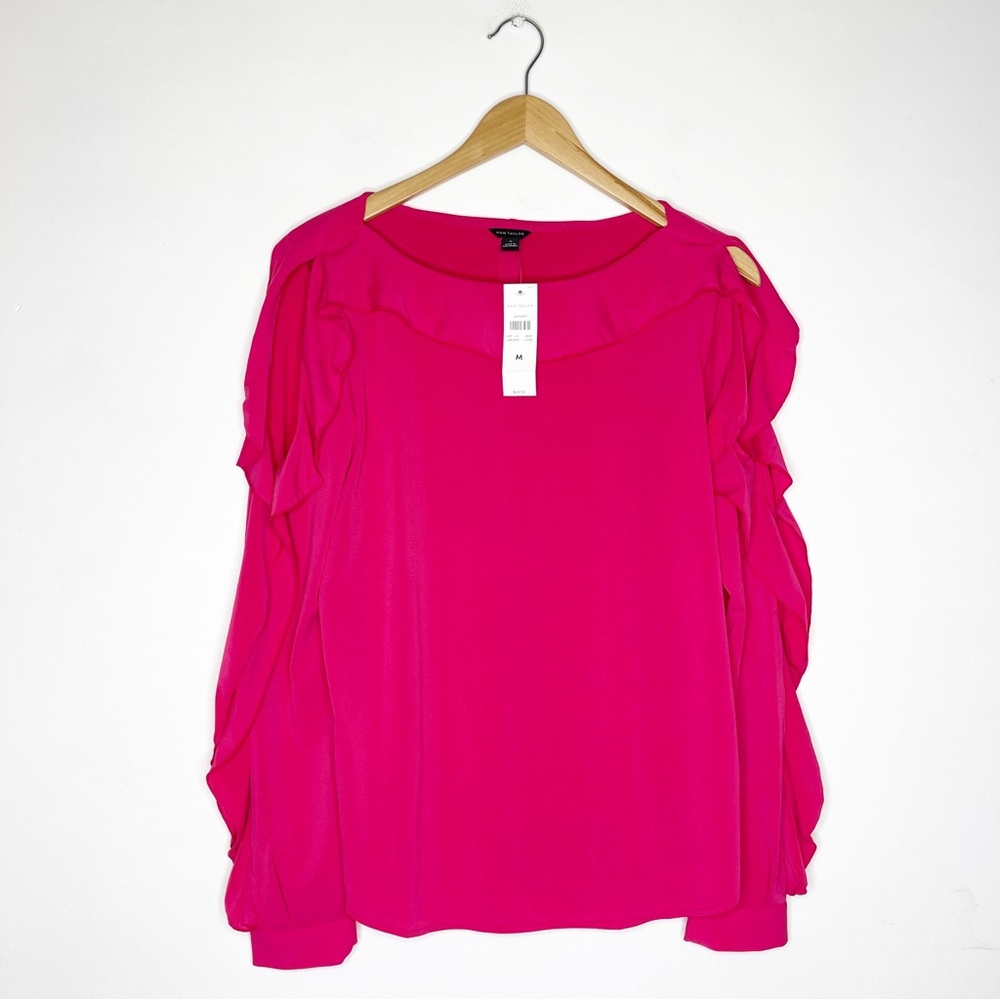 Ann Taylor Pink Long Sleeve Ruffle Blouse Size Medium NWT